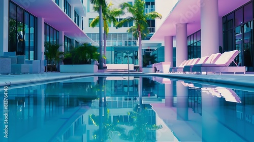 Florida USA Modern building with swimming pool trees chairs Urban landscape with blue reflecting pool city architecture and scenic environment : Generative AI
