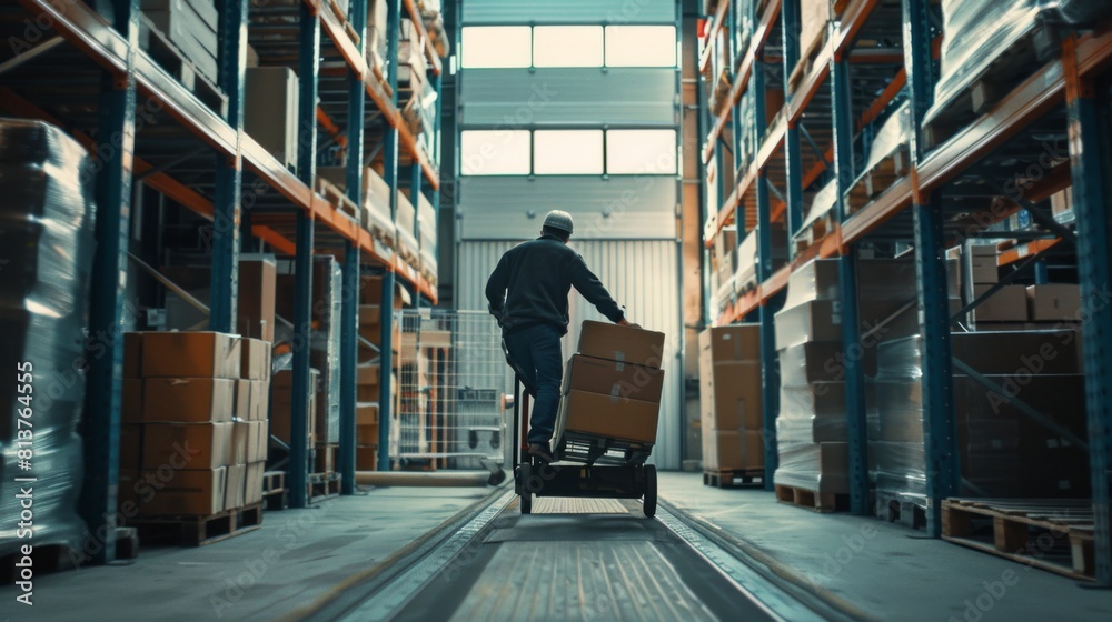 A worker is pushing a handcart stacked with boxes through the aisle of a large, well-organized warehouse, likely managing inventory or preparing for shipment.