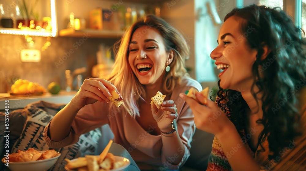 Female friends having fun and enjoying snacks at home : Generative AI