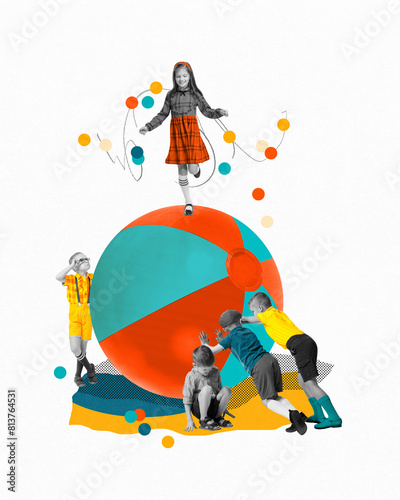 Fotografie Happy children, boys ands girls playing with toys outdoor, friends having fun