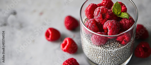 Healthy vanilla chia pudding in a glass with fresh raspberries, food advertising