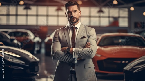 Thinking Professional luxury car salesman on blurred autoservice. No sales concept background