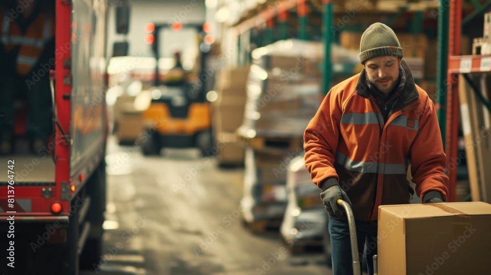 A warehouse worker in a high-visibility jacket is using a hand truck to move a cardboard box near a truck and forklift in a busy warehouse. A warehouse worker in a high-visibility jacket is using a hand truck to move a cardboard box near a truck and forklift in a busy warehouse.