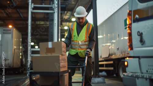 A worker in a safety helmet and high-visibility vest is using a hand truck to move boxes near a truck in a warehouse setting.