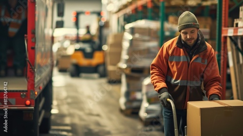 A warehouse worker in a high-visibility jacket is using a hand truck to move a cardboard box near a truck and forklift in a busy warehouse.