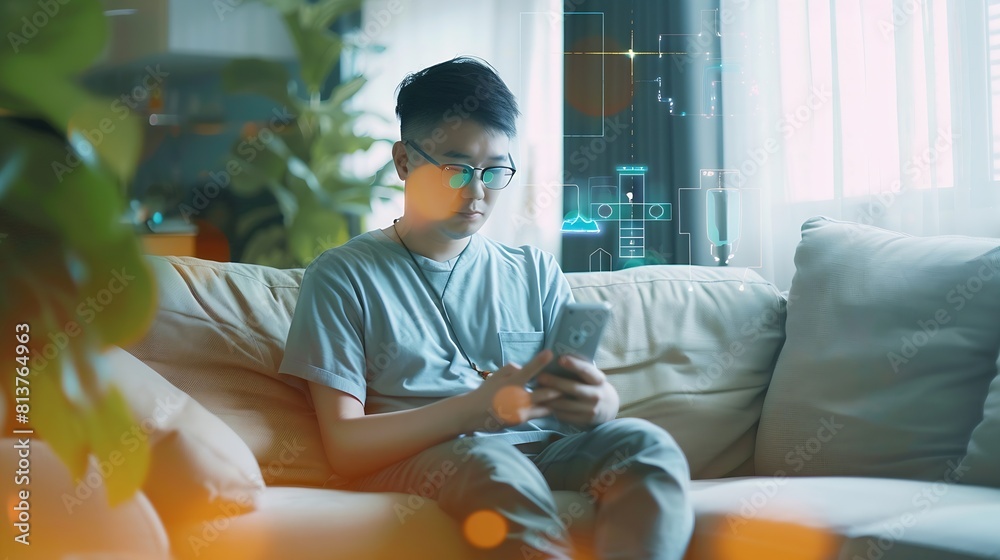 asian man sitting on sofa and using smart home control app on mobile phone with augmented reality view of IOT connected objects in apartment : Generative AI asian man sitting on sofa and using smart home control app on mobile phone with augmented reality view of IOT connected objects in apartment : Generative AI