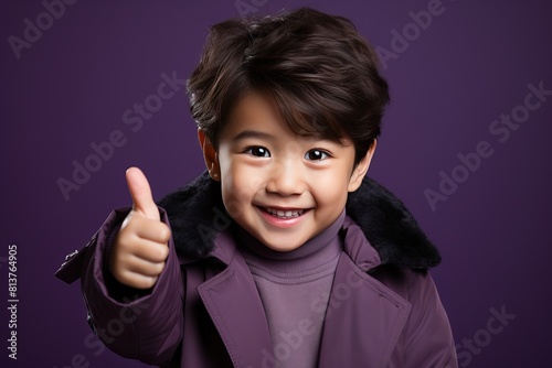 Portrait of Asian boy in purple coat holding thumb up photo