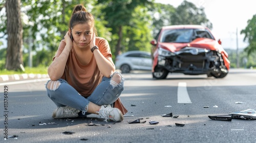 A distressed woman sits on the road in front of a crashed car, appearing upset, potentially after experiencing a vehicle accident.