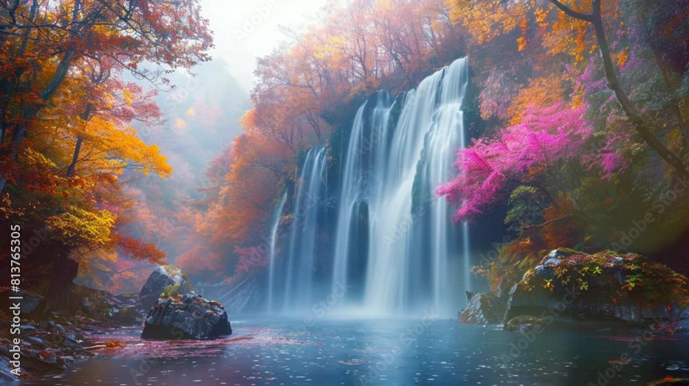 autumn rain forest misty waterfall and river landscape nature wallpaper.  seamless looping time-lapse 4K video background
