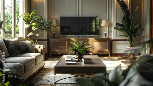 A living room with an oversized sofa coffee table and TV stand in the background 