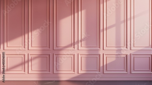 Fototapeta Naklejka Na Ścianę i Meble -  Wall panels made of wood. Classic modern interior. Background with decor with moldings. Luxurious pink room mockup.