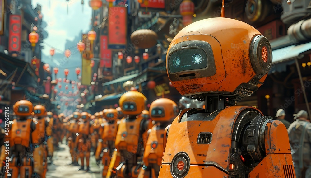 Fototapeta premium AI Helpdesk Heroes, An army of friendly AI robots, each equipped with specialized tools, 