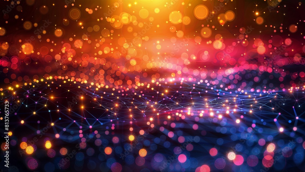 A vibrant abstract background with a dynamic mix of glowing particles, bokeh lights, and interconnected lines creating a mesmerizing visual experience. A vibrant abstract background with a dynamic mix of glowing particles, bokeh lights, and interconnected lines creating a mesmerizing visual experience.