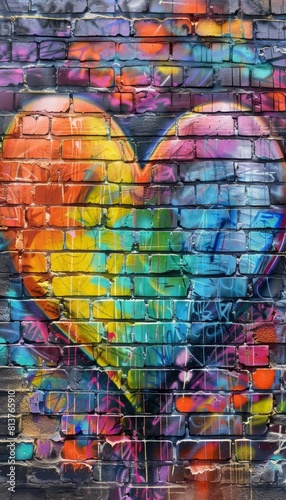 Vibrant heart graffiti mural on realistic brick wall background, colorful spray paint street art