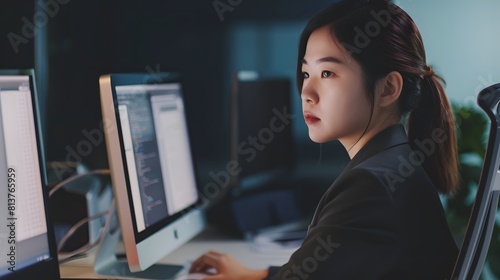 A chic Asian businesswoman with a serious expression, working diligently on her computer photo