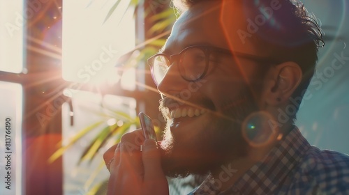 Smiling handsome freelancer working remotely from home He is speaking on the phone : Generative AI