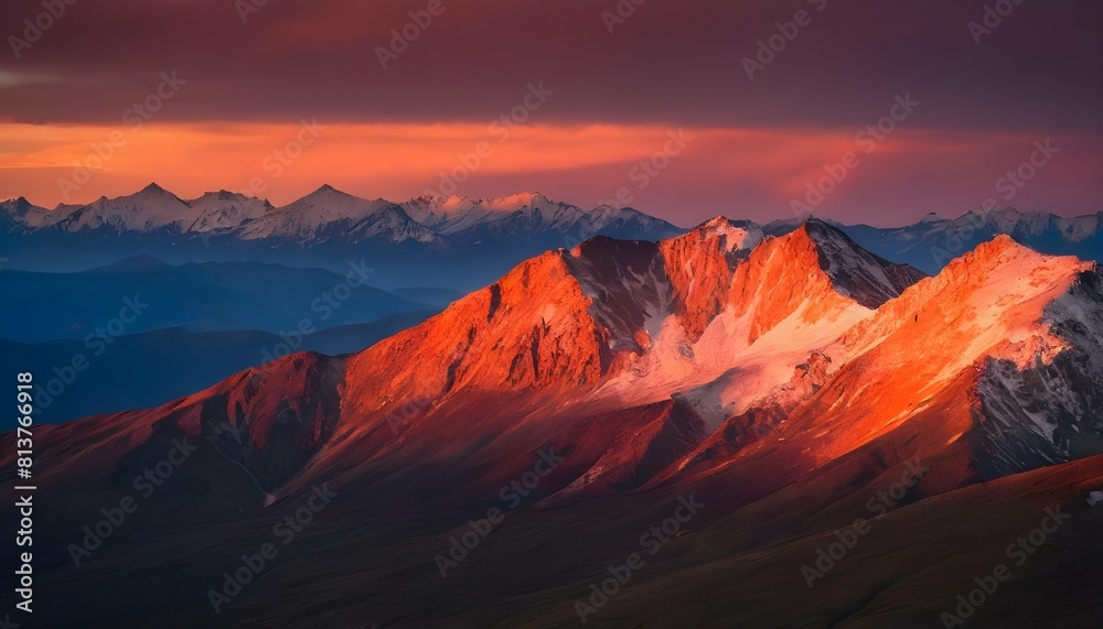 A mountain range glowing in the light of a fiery s upscaled 4
