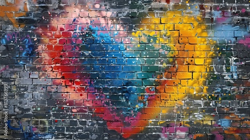 Brick wall graffiti heart street art rainbow spray paint colors vibrant urban graffiti concept