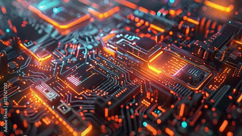 Detailed view of electronic components on a circuit board, showcasing intricate patterns and connections. photo