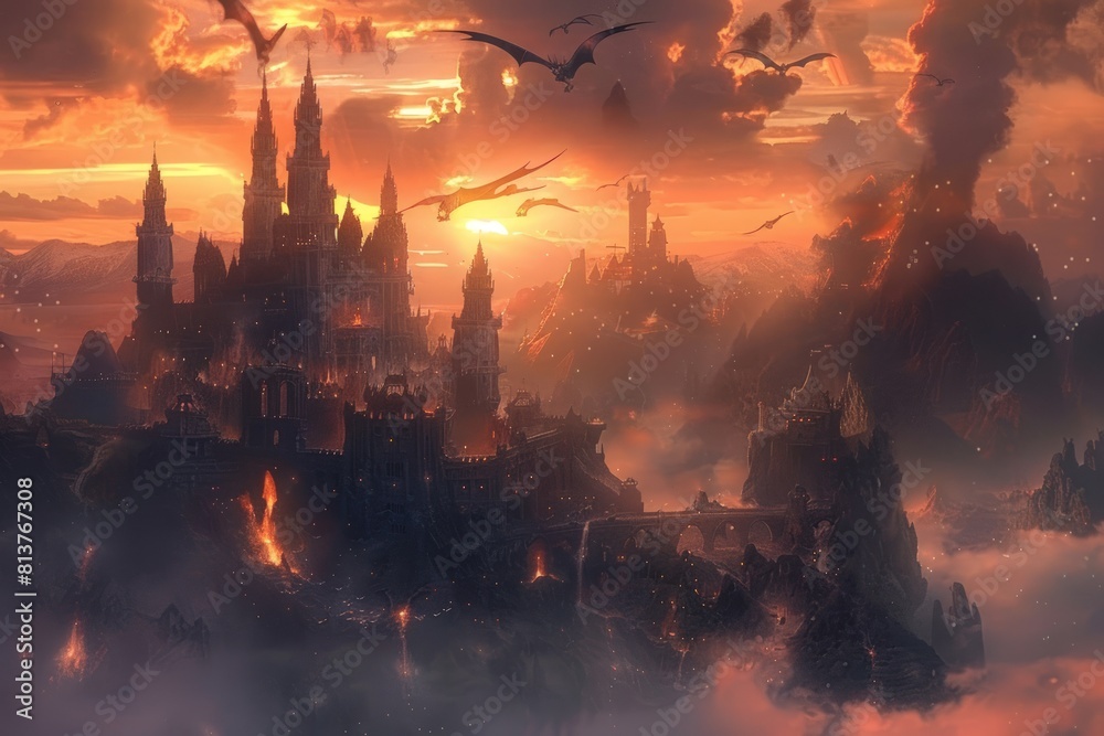 Digital illustration painting design style a knight and big sword against demon armies