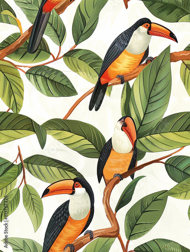 seamless pattern with tropical leaves and birds. toucan bird print