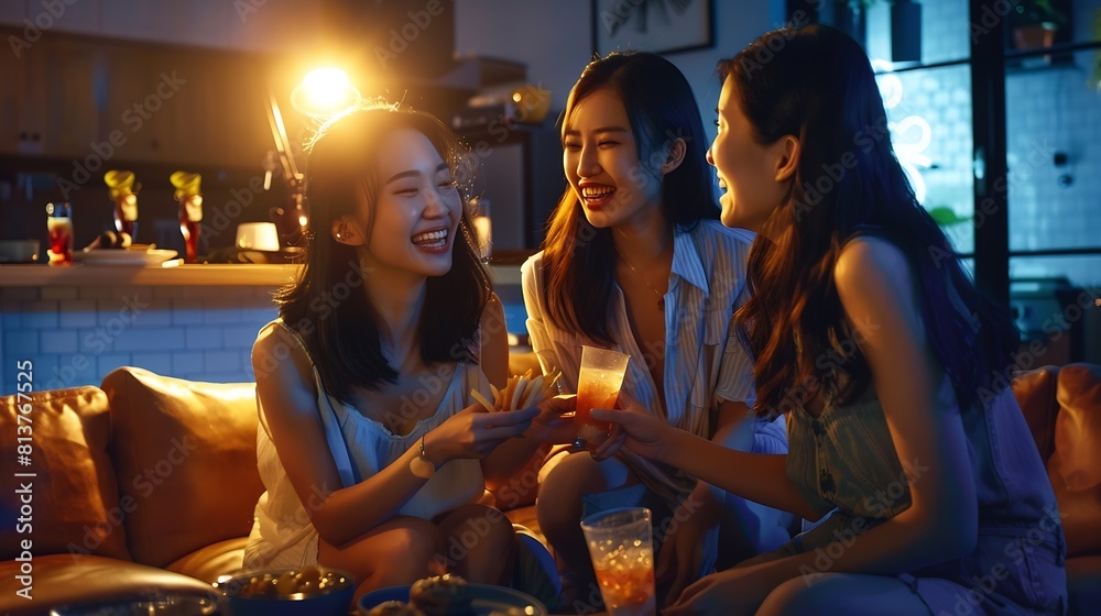 Female friends having fun and enjoying snacks at home : Generative AI Female friends having fun and enjoying snacks at home : Generative AI