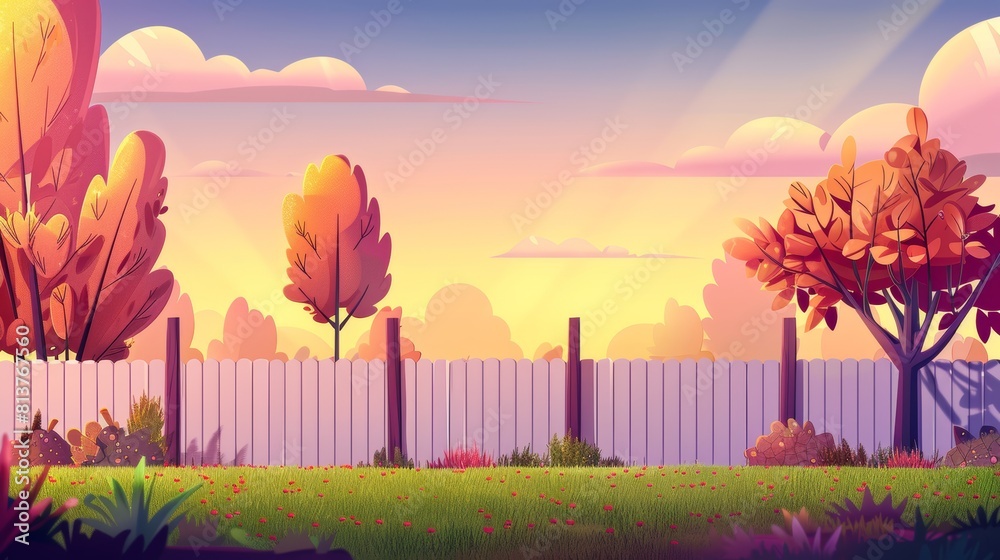 Modern cartoon illustration of a suburban backyard with grass and trees at sunset. Autumn garden with lawn and fence.