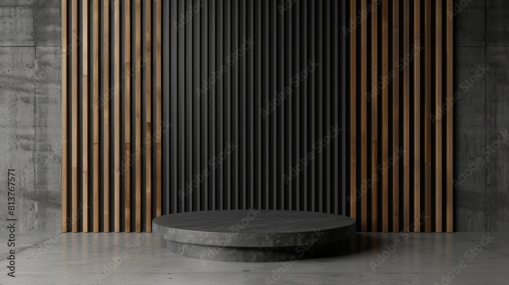 Podium on a black background. 3D dark pedestal for product presentation. A round stand in an empty room against a background of vertical wooden slats. Marble luxury platform mockup. Podium on a black background. 3D dark pedestal for product presentation. A round stand in an empty room against a background of vertical wooden slats. Marble luxury platform mockup.