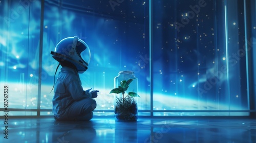 A person in a spacesuit kneels by a plant under a starry sky, hinting at life in a space colony or an otherworldly habitat.