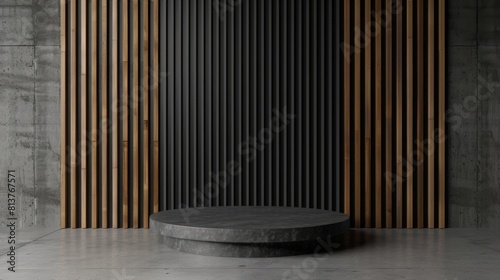 Fototapeta Naklejka Na Ścianę i Meble -  Podium on a black background. 3D dark pedestal for product presentation. A round stand in an empty room against a background of vertical wooden slats. Marble luxury platform mockup.