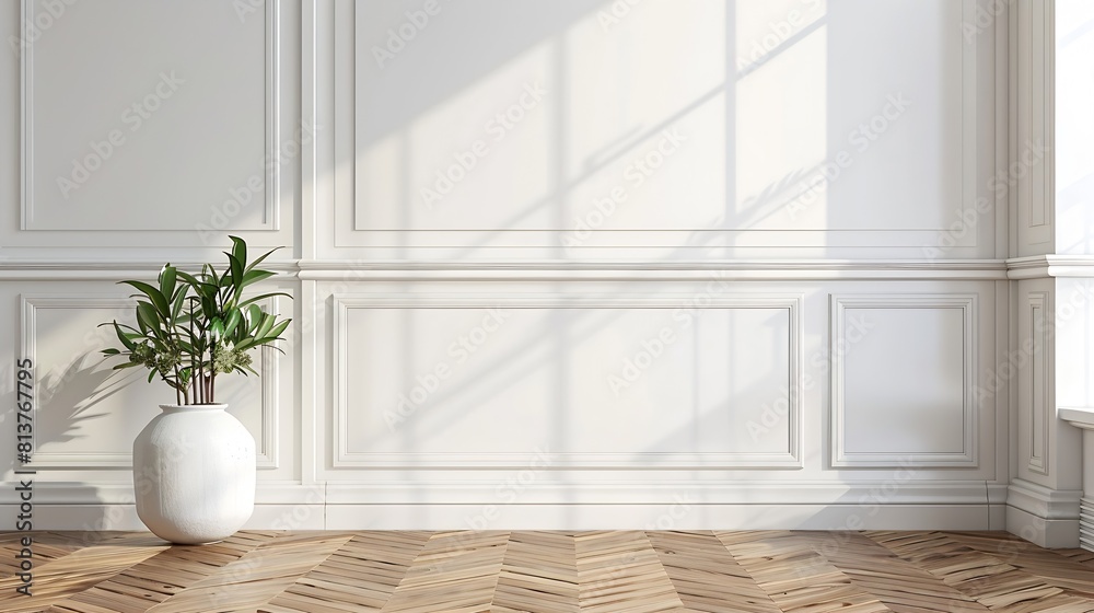 White classic wall background brown parquet floor home furniture detail frame and vase of plant : Generative AI White classic wall background brown parquet floor home furniture detail frame and vase of plant : Generative AI