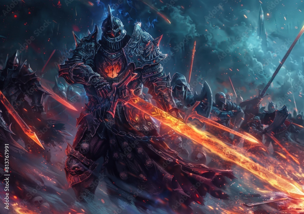 Digital illustration painting design style a knight and big sword against demon armies