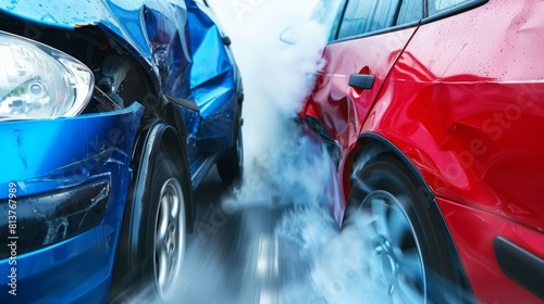 Two cars in a collision, with blue and red colors predominating, smoke visible from the impact, showcasing a traffic accident. photo