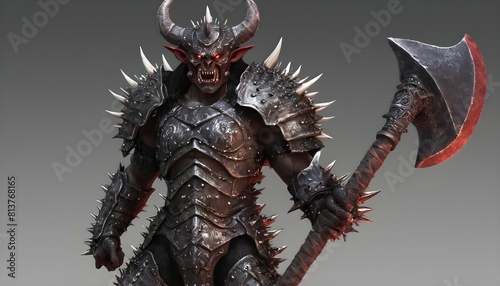 A demon warrior clad in spiked armor wielding a m upscaled 4