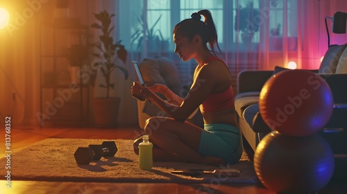 A sporty woman in sportswear is sitting on the floor with dumbbells and a protein shake or a bottle of water and is using a laptop at home in the living room Sport and recreation conce : Generative AI