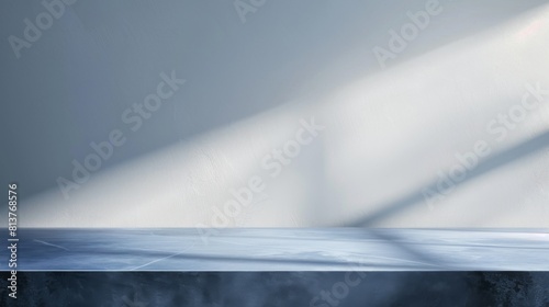 Table in the studio room. 3d empty blue podium on a background of a white concrete wall. Marble platform for product. Mockup with tabletop for cosmetics presentation.