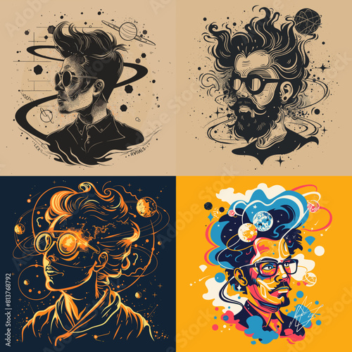 Stylized portraits of imaginative thinkers with space, planets, and cosmic elements. Abstract creative artwork symbolizing knowledge, ideas, science, and visionary intelligence.