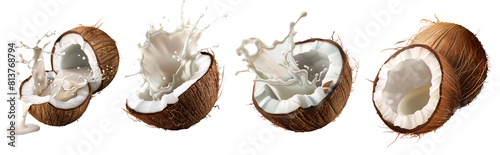 Set of Coconuts Cracks with Milk Splashing, Cut out, Isolated on Transparent Background.