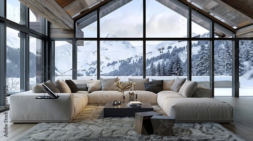 A modern and cozy living room in an alpine chalet with large windows  photo