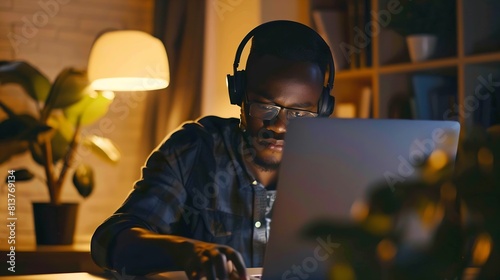 Focused young african businessman wear headphones study online watching webinar podcast on laptop listening learning education course conference calling make notes sit at work desk ele : Generative AI photo