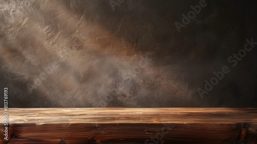 Wood countertop in the kitchen. Empty wooden table for product against dark concrete wall background. 3D brown podium for advertising. Mockup with design platform.