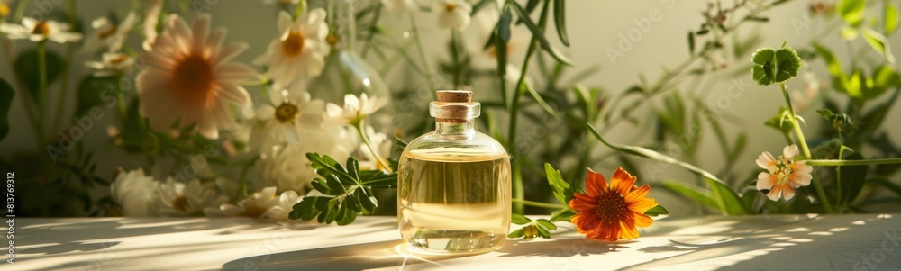 Bottle of perfume sitting on a table with flowers Bottle of perfume sitting on a table with flowers