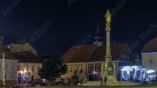 Holy Mary monument in front of the Cathedral night timelapse in Zagreb, Croatia