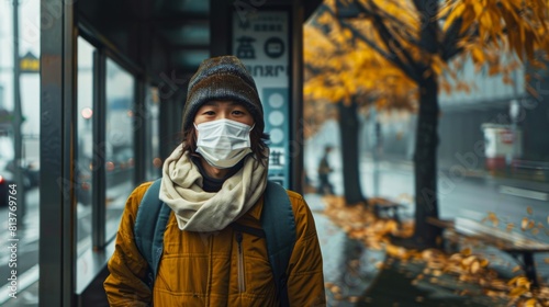 A person in a yellow jacket and beanie stands at a bus stop, wearing a mask, with autumn trees in the background on a foggy day.