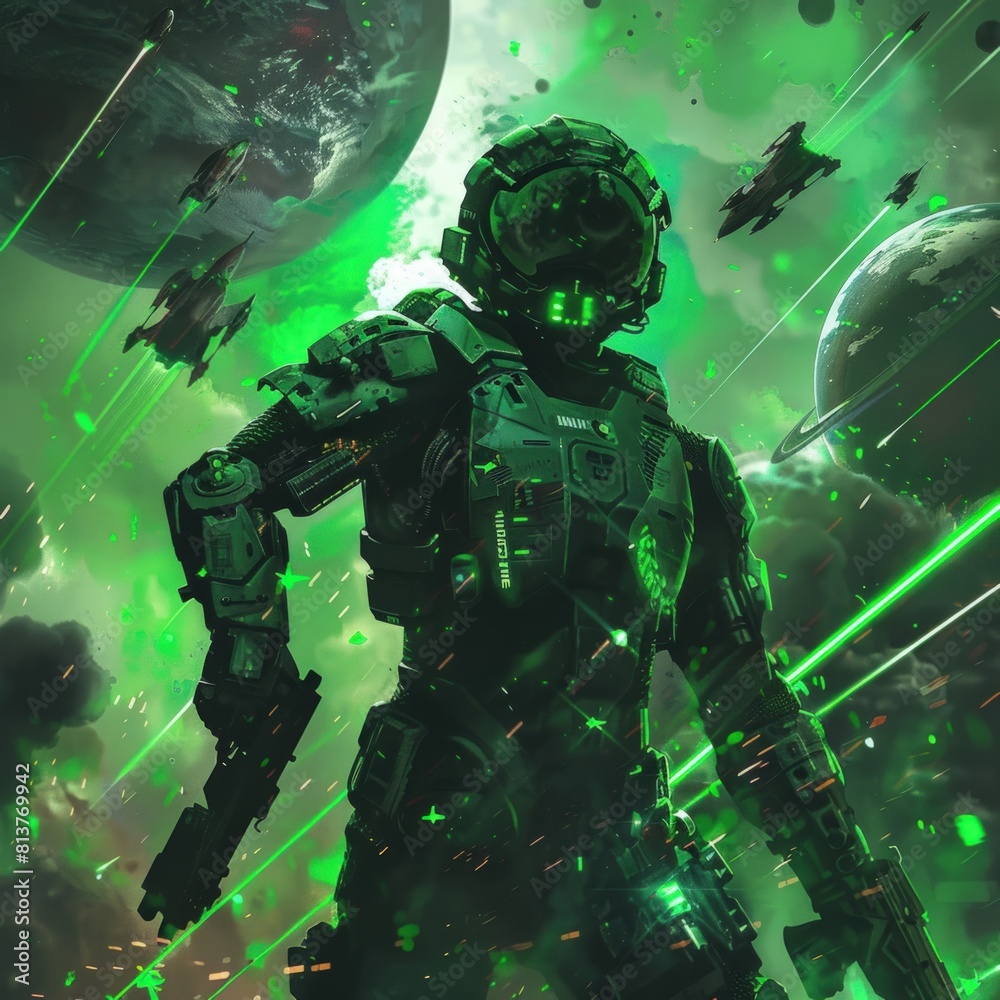 Fototapeta premium green space soldier with spaceship with a gun