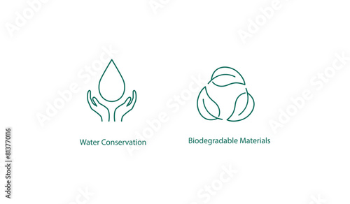 Vector Icons of Water Conservation and Biodegradable Materials