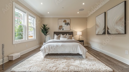 The photo shows a cozy and inviting master bedroom with hardwood floors, a plush white rug, and a large comfortable bed.