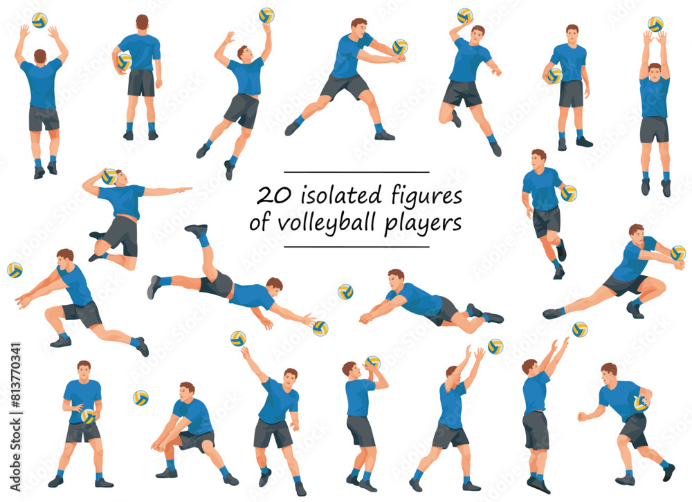 Vector figures of volleyball team players in blue T-shirts in various poses training, running, jumping, throwing, hitting the ball