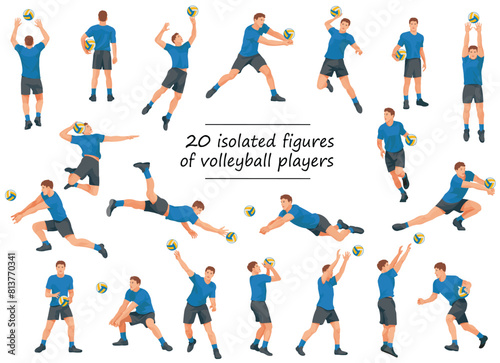 Vector figures of volleyball team players in blue T-shirts in various poses training  running  jumping  throwing  hitting the ball