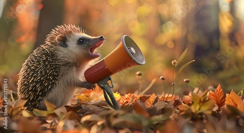 Hedgehog Commands Attention with Megaphone in Panoramic Layout, Providing Ample Copy Space for Creative Messaging photo